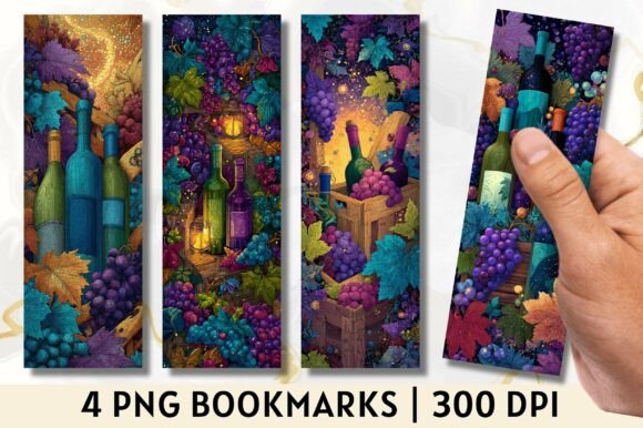 Artistic Wine Bottle Grapes Bookmark PNG for Crafts